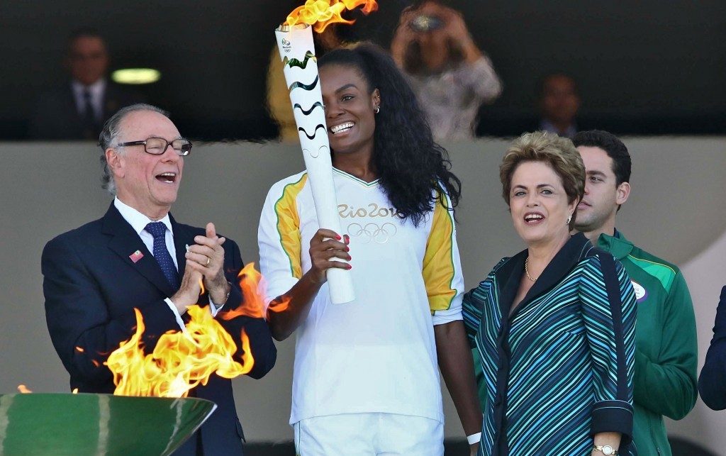 The first torchbearer was Fabiana Claudino, double Olympic gold medallist