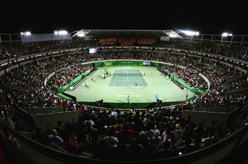 The Maria Esther Bueno Olympic Tennis Stadium at night